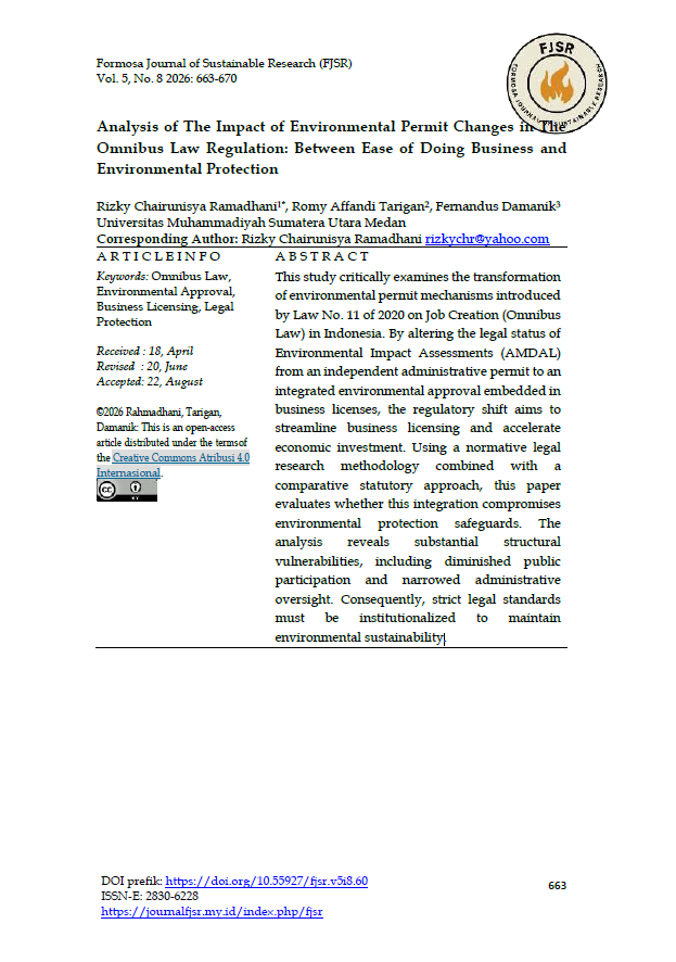 Analysis of The Impact of Environmental Permit Changes in The Omnibus Law Regulation: Between Ease of Doing Business and Environmental Protection