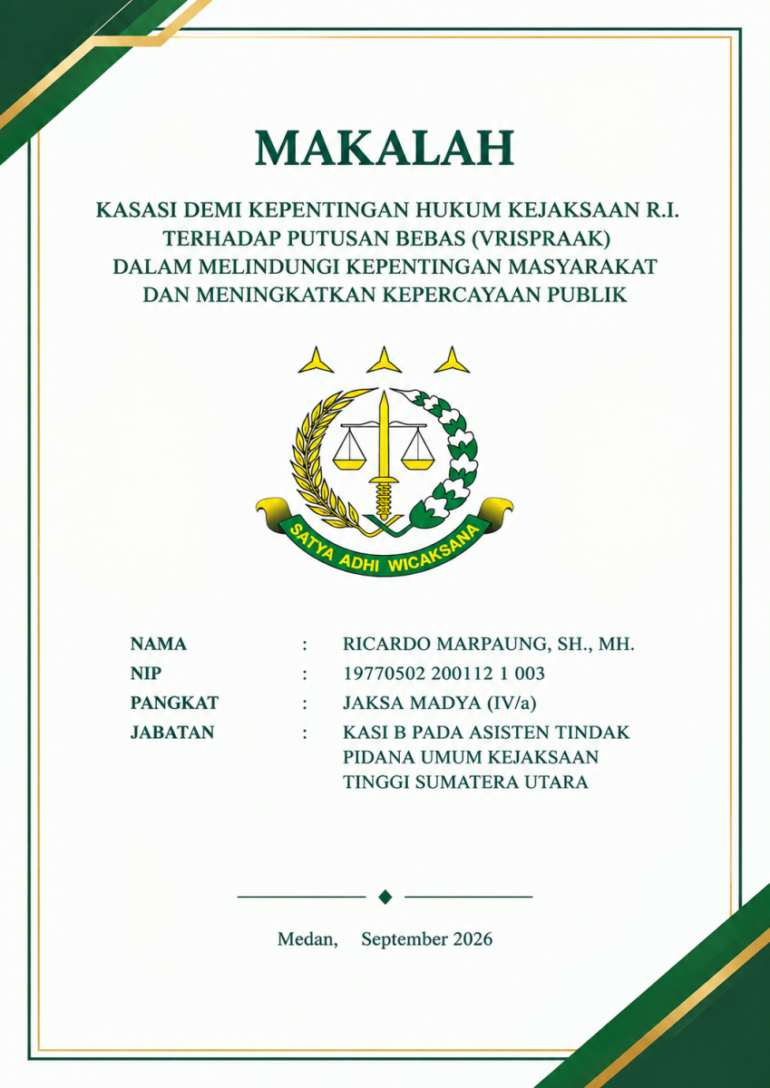 KASASI DEMI KEPENTINGAN HUKUM KEJAKSAAN R.I. TERHADAP PUTUSAN BEBAS (VRIJSPRAAK) DALAM MELINDUNGI KEPENTINGAN MASYARAKAT DAN MENINGKATKAN KEPERCAYAAN PUBLIK (Makalah peserta Asesmen Jabatan Eselon III.b )