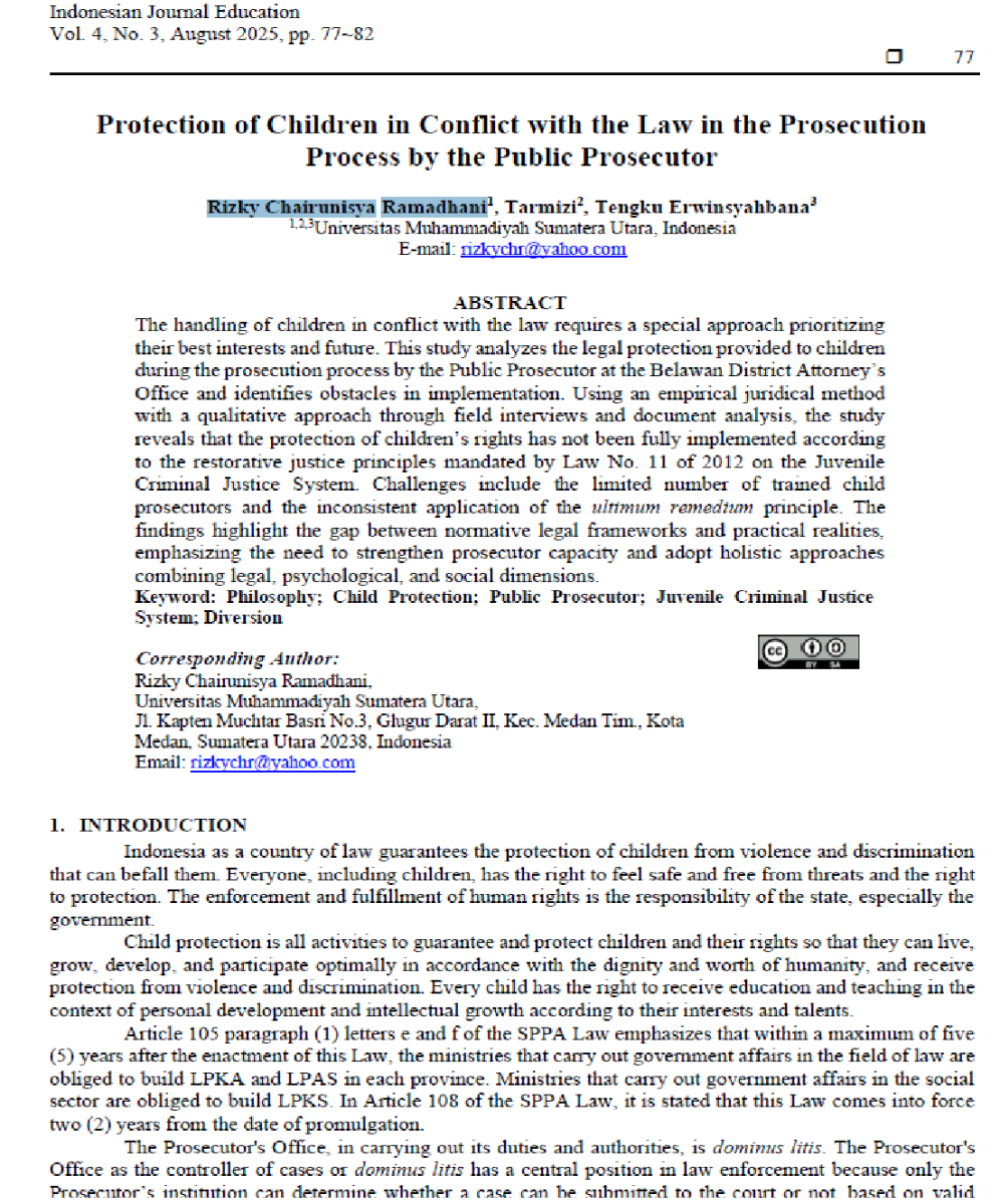 Protection of Children in Conflict with the Law in the Prosecution Process by the Public Prosecutor