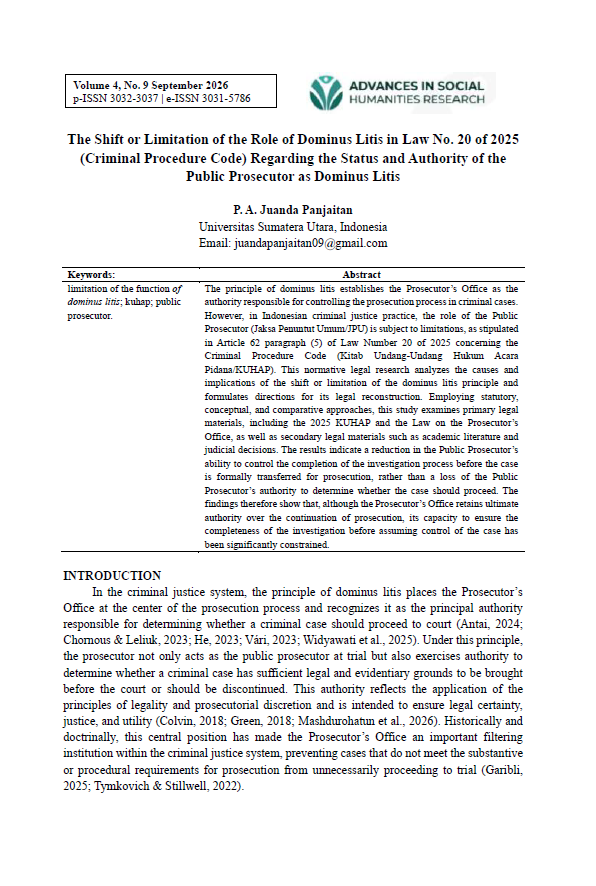 The Shift or Limitation of the Role of Dominus Litis in Law No. 20 of 2025 (Criminal Procedure Code) Regarding the Status and Authority of the Public Prosecutor as Dominus Litis